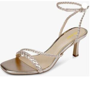 Womens Open Square Toe Braided Strappy Sandals Ankle Strap Buckle Gold High Heel